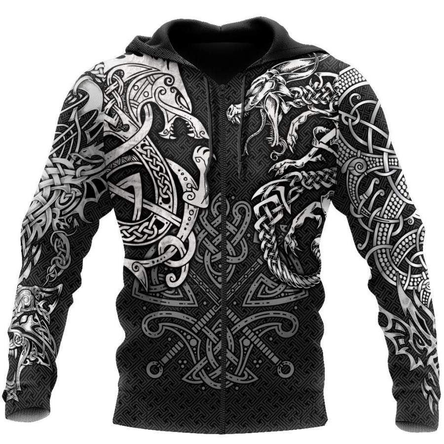 Viking Clothing Viking Wolf and Dragon Tattoo Hoodie RLT12