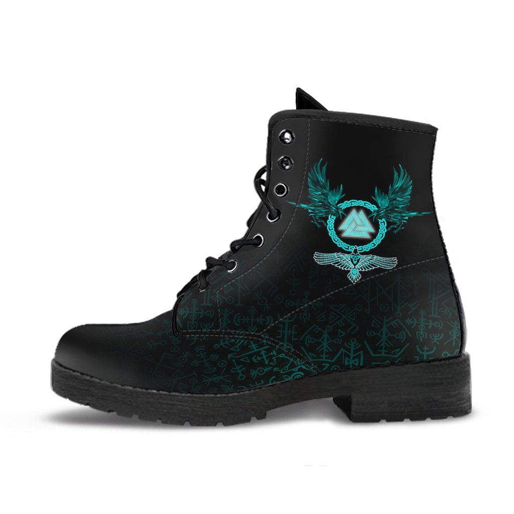 Viking Leather Boots Three Raven and Valknut Cyan RLT12