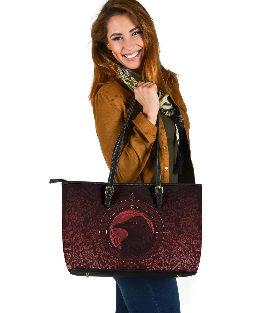 Viking Large Leather Tote Bag, Ethnic Odin Raven Red RLT12