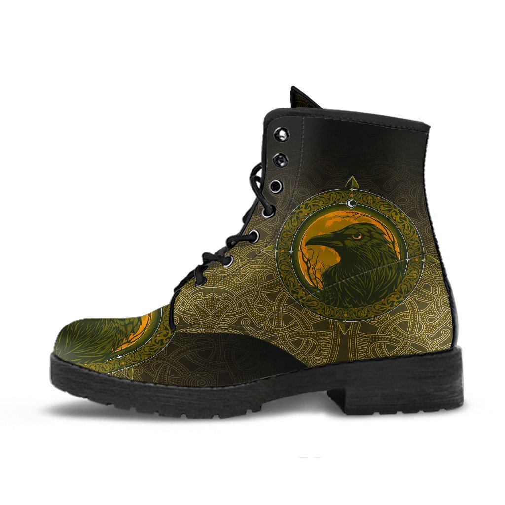 Viking Leather Boots, Ethnic Odin Raven Gold RLT12