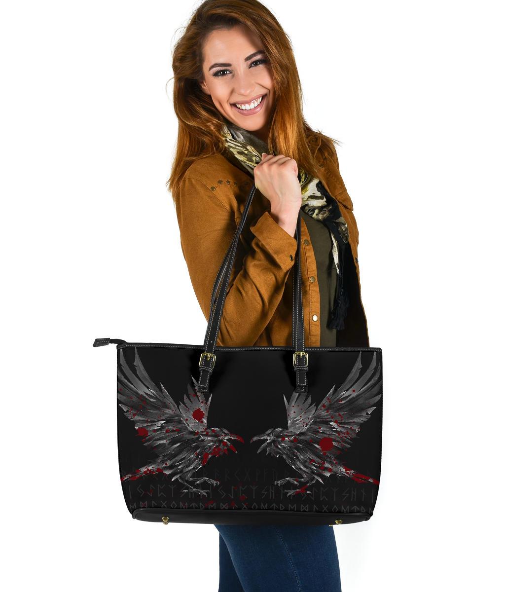 Viking Large Leather Tote Bag Odin Huginn and Muninn Rune Blood RLT12