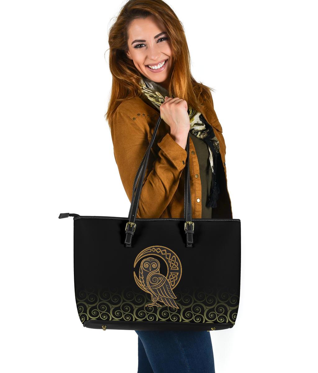 Viking Large Leather Tote Owl Celtic On Triskels Background RLT12