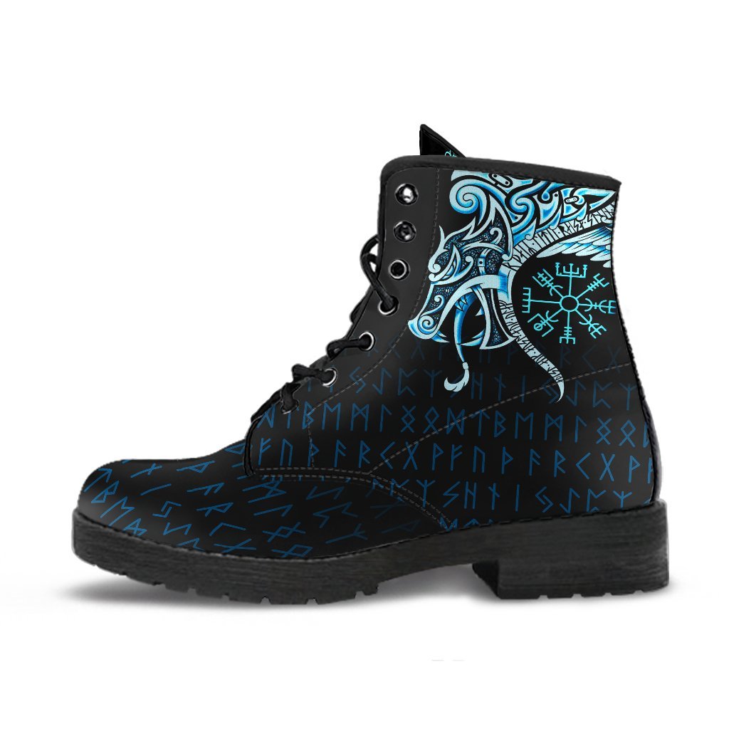 Viking Leather Boots, Fenrir Raven and Vegvisir Tattoo Cyan RLT12