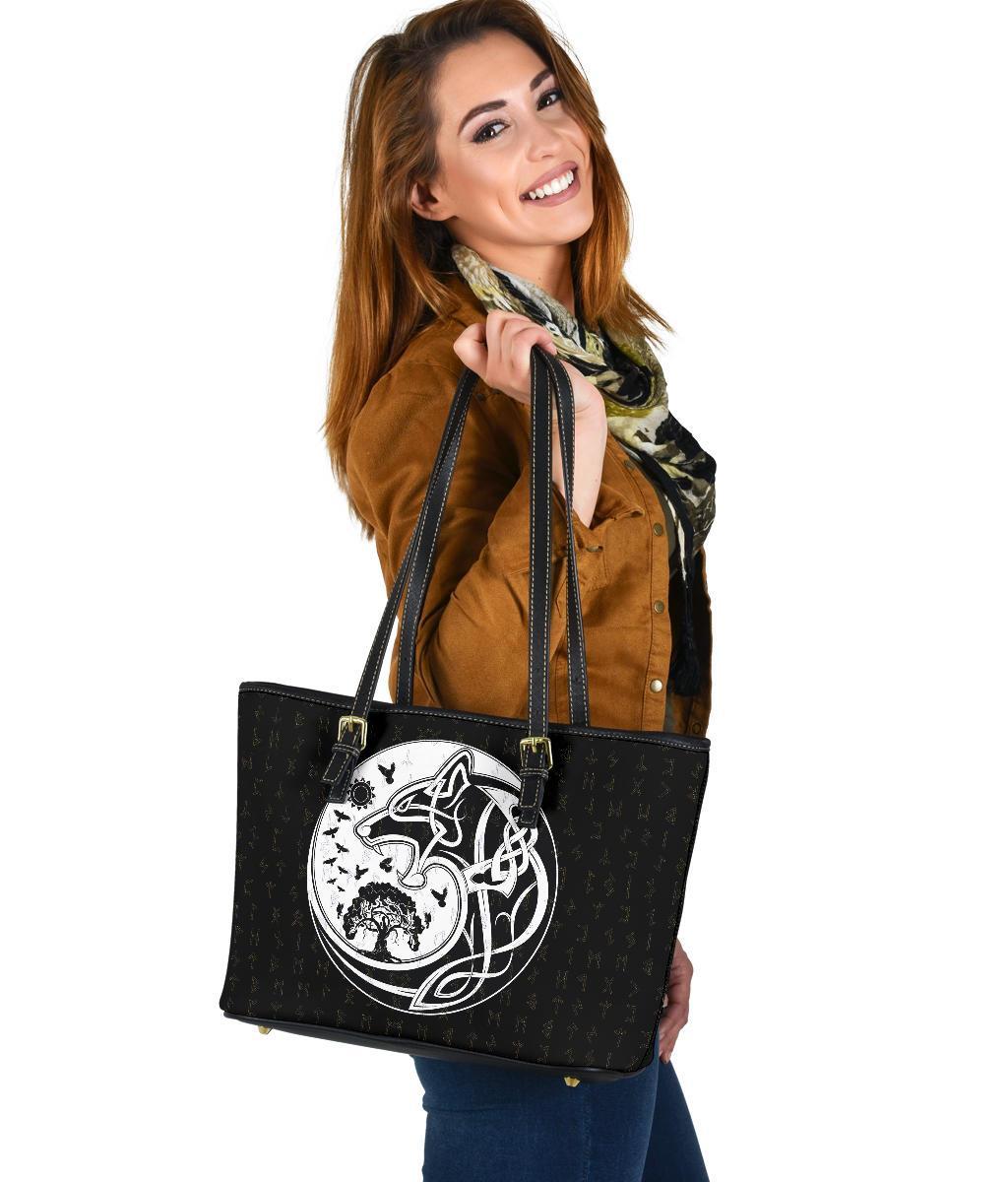 Viking Small Leather Tote Bag, Skoll and Hati Rune Tattoo RLT12