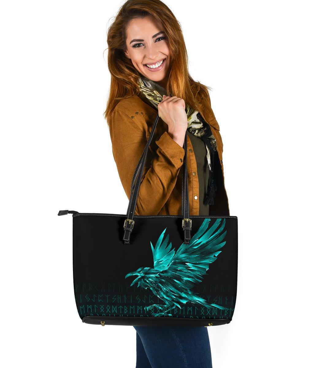 Viking Larger Leather Tote Bag The Raven Of Odin Rune Cyan RLT12