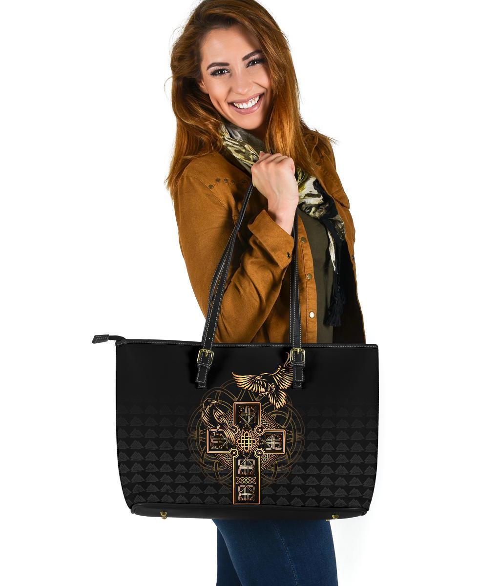 Viking Large Leather Tote Odin's Celtic Raven Tattoo RLT12