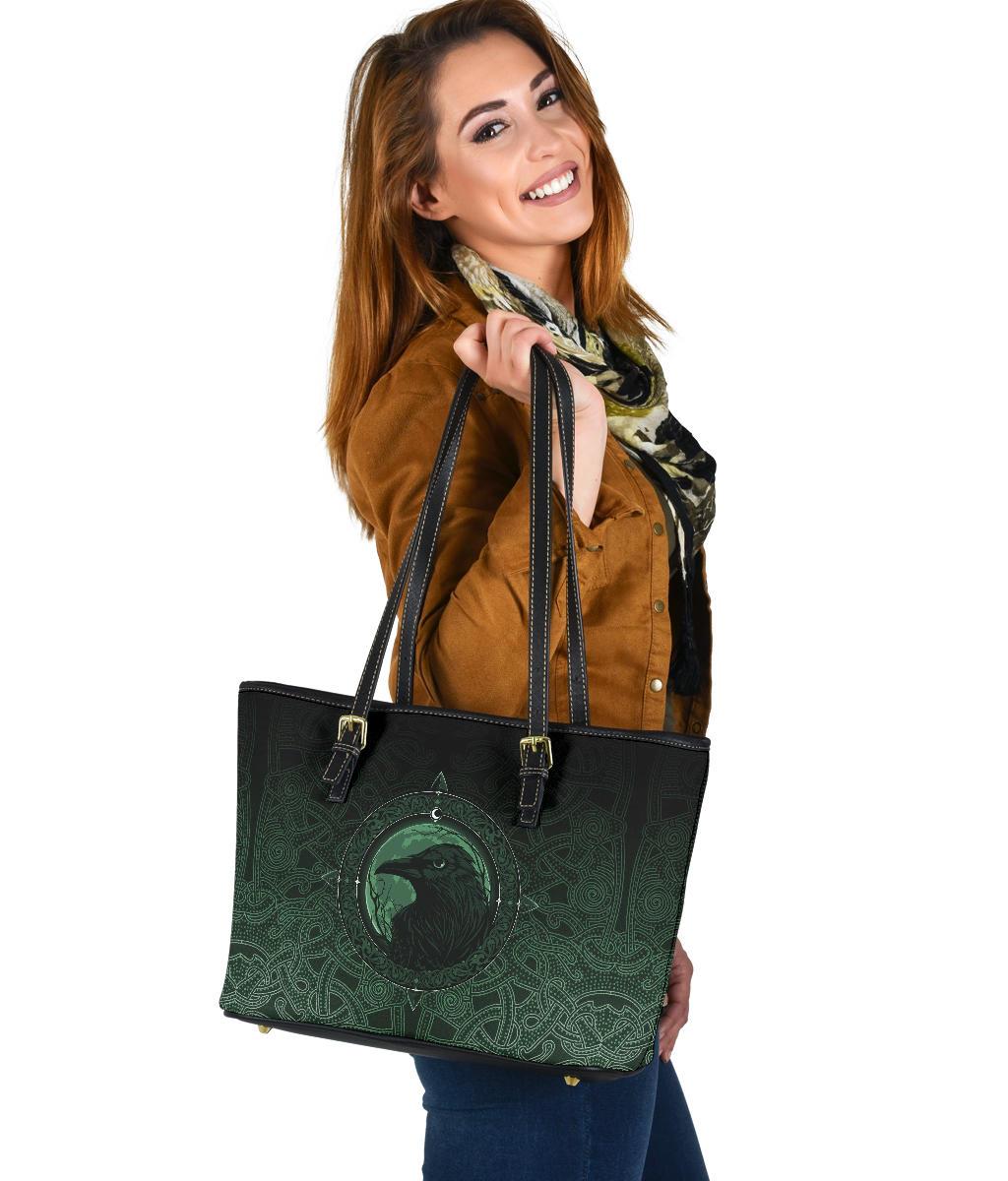 Viking Small Leather Tote Bag, Ethnic Odin Raven Green RLT12