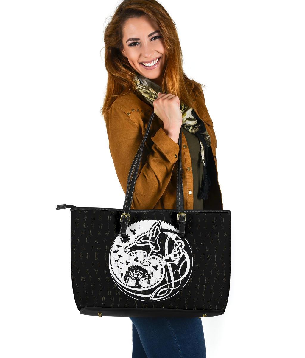 Viking Large Leather Tote Bag, Skoll and Hati Rune Tattoo RLT12