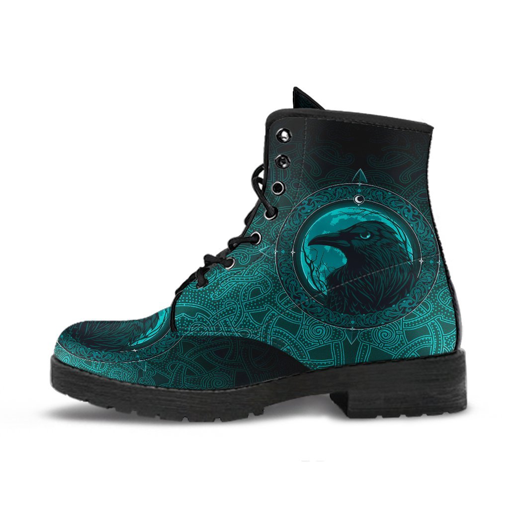 Viking Leather Boots, Ethnic Odin Raven Cyan RLT12