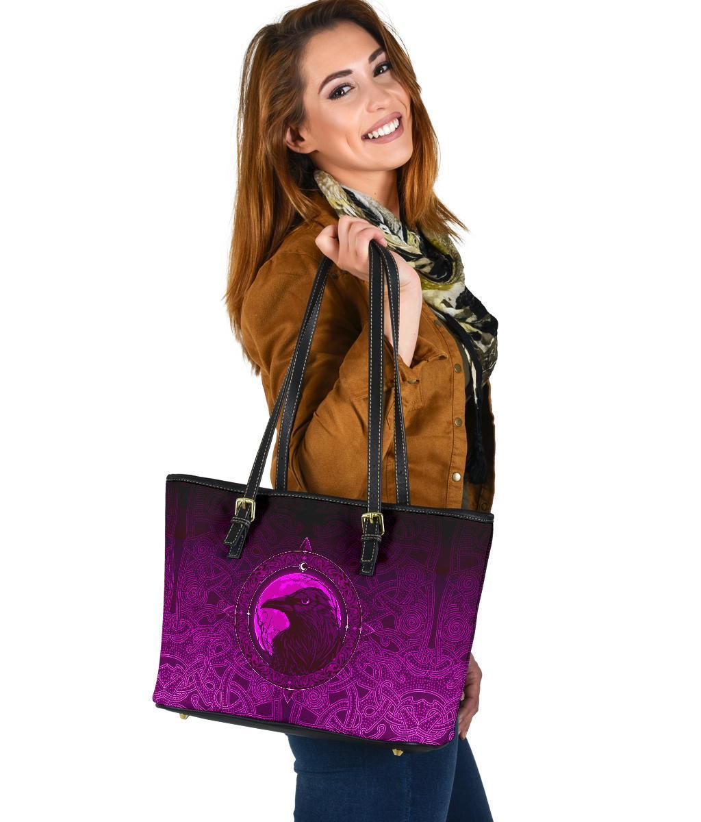 Viking Small Leather Tote Bag, Ethnic Odin Raven Pink RLT12