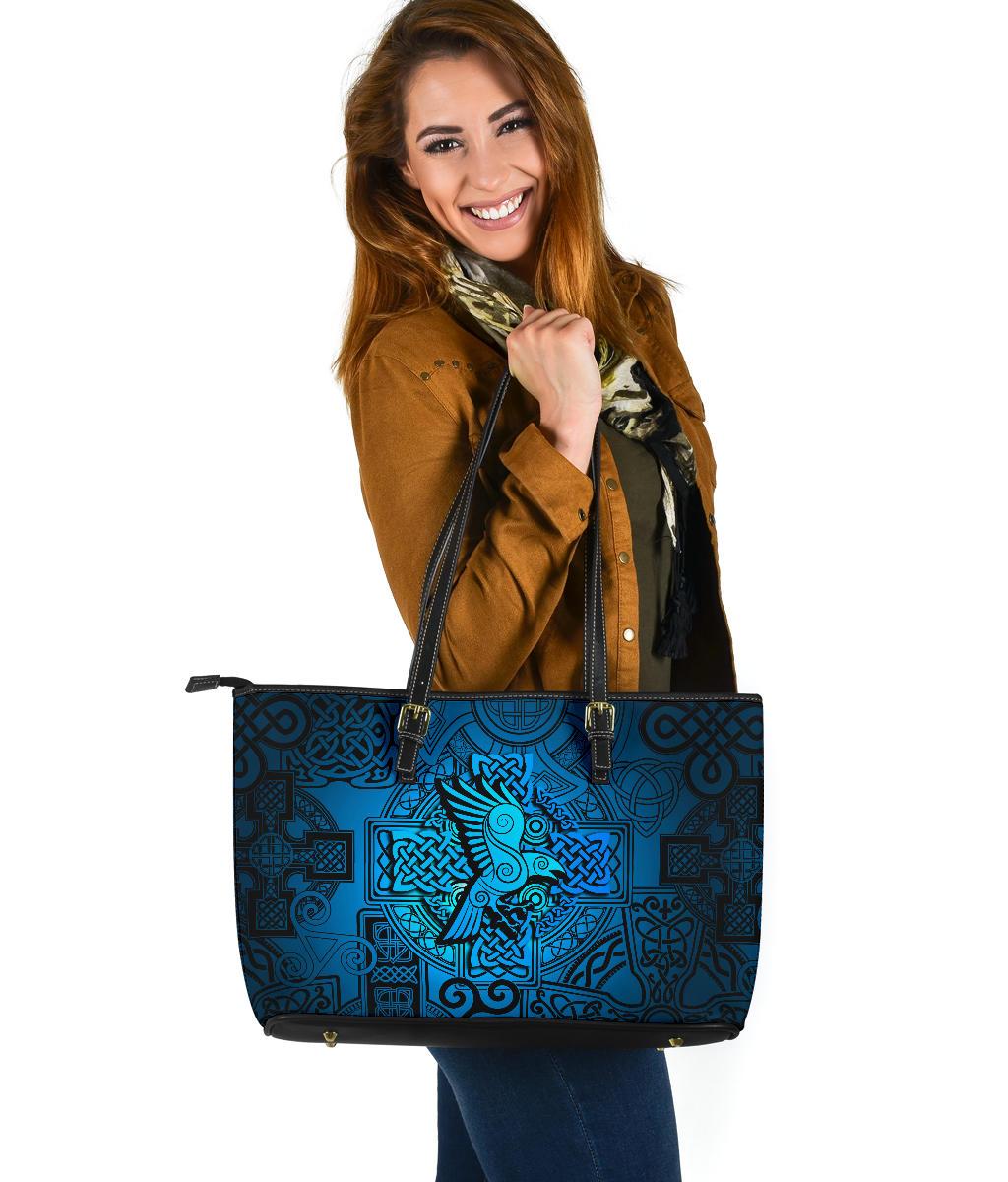Viking Large Leather Tote Raven Odin Celtic Cyan RLT12