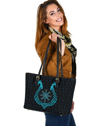 Viking Small Leather Tote Bag, Aegishjalmur Helm Of Awe Blue Edition RLT12