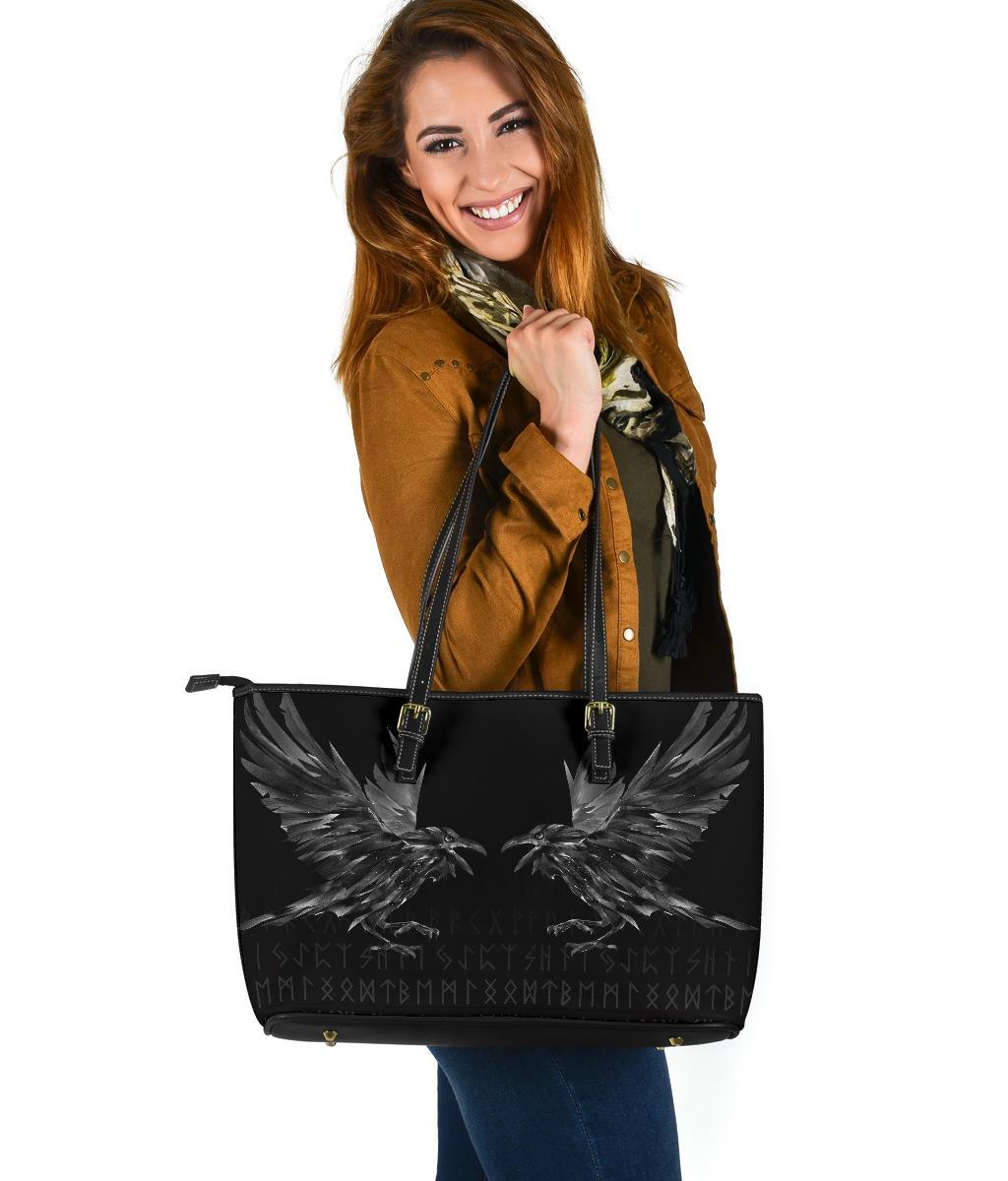Viking Large Leather Tote Bag Odin Huginn and Muninn Rune RLT12