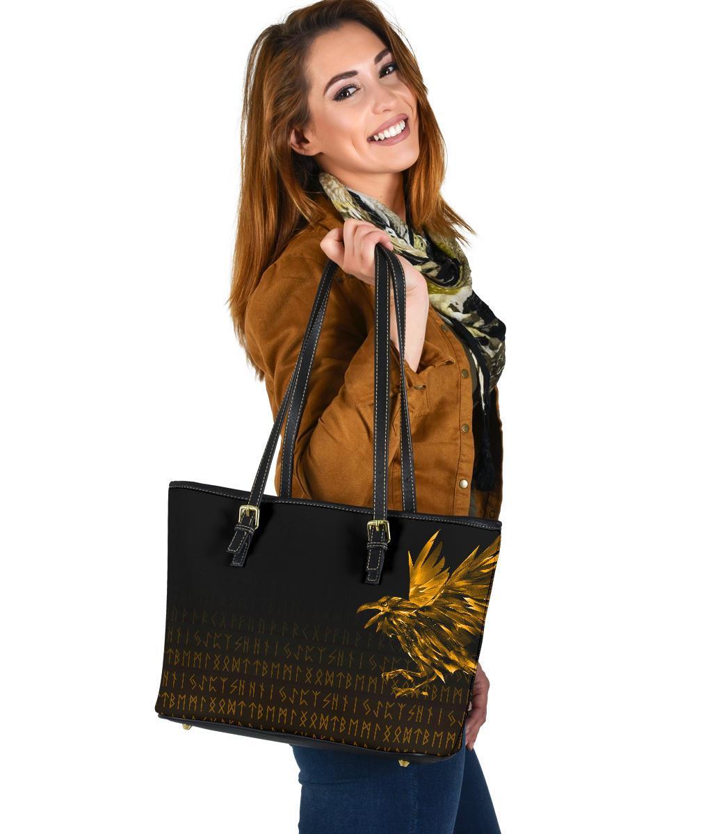 Viking Small Leather Tote Bag - The Raven Of Odin Rune, Gold RLT12