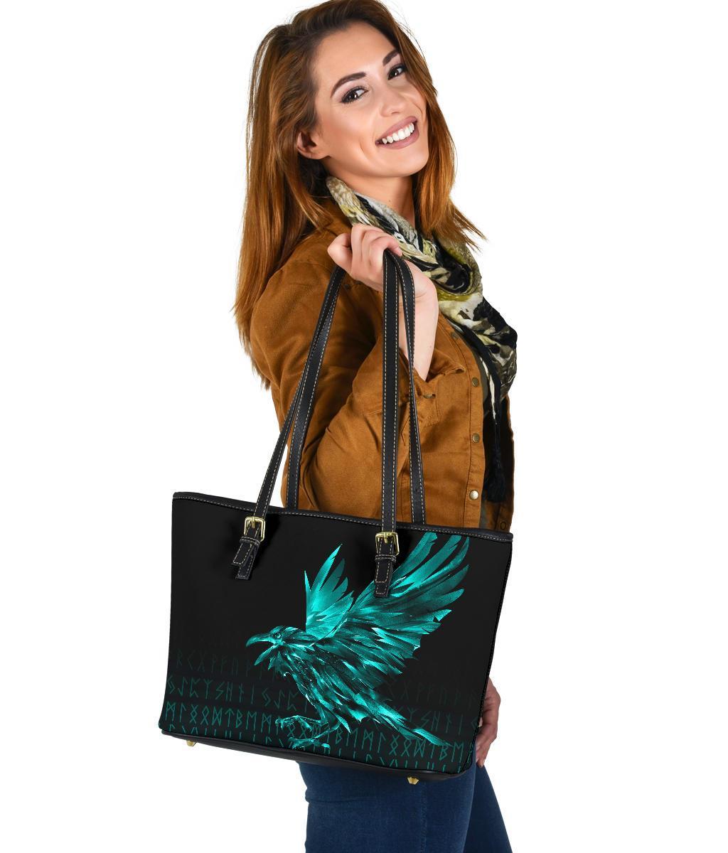 Viking Small Leather Tote Bag - The Raven Of Odin Rune Cyan RLT12