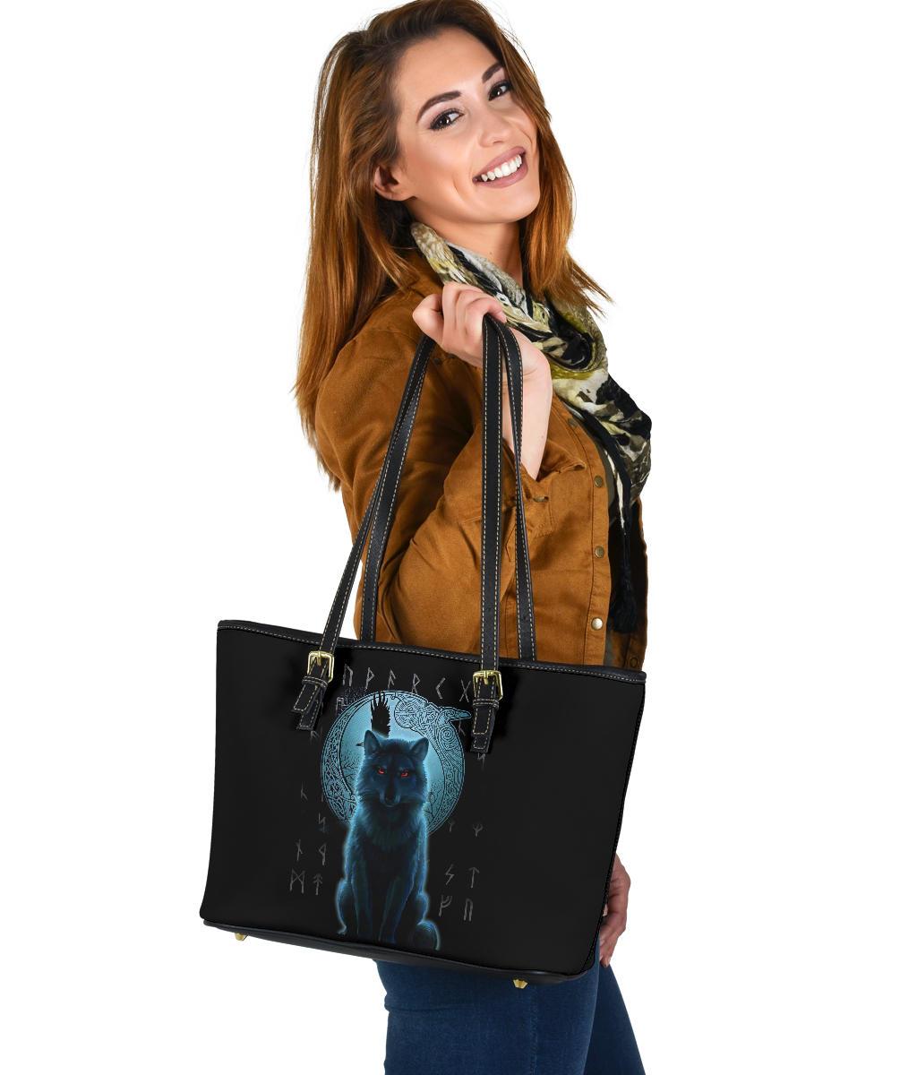 Viking Small Leather Tote Bag, Fenrir Viking Wolf and Moon RLT12