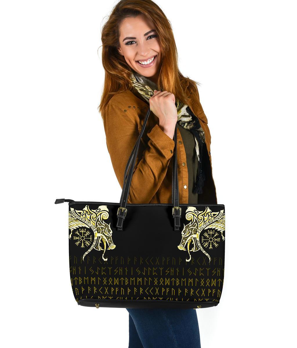 Viking Large Leather Tote, Fenrir Raven and Vegvisir Tattoo Yellow RLT12