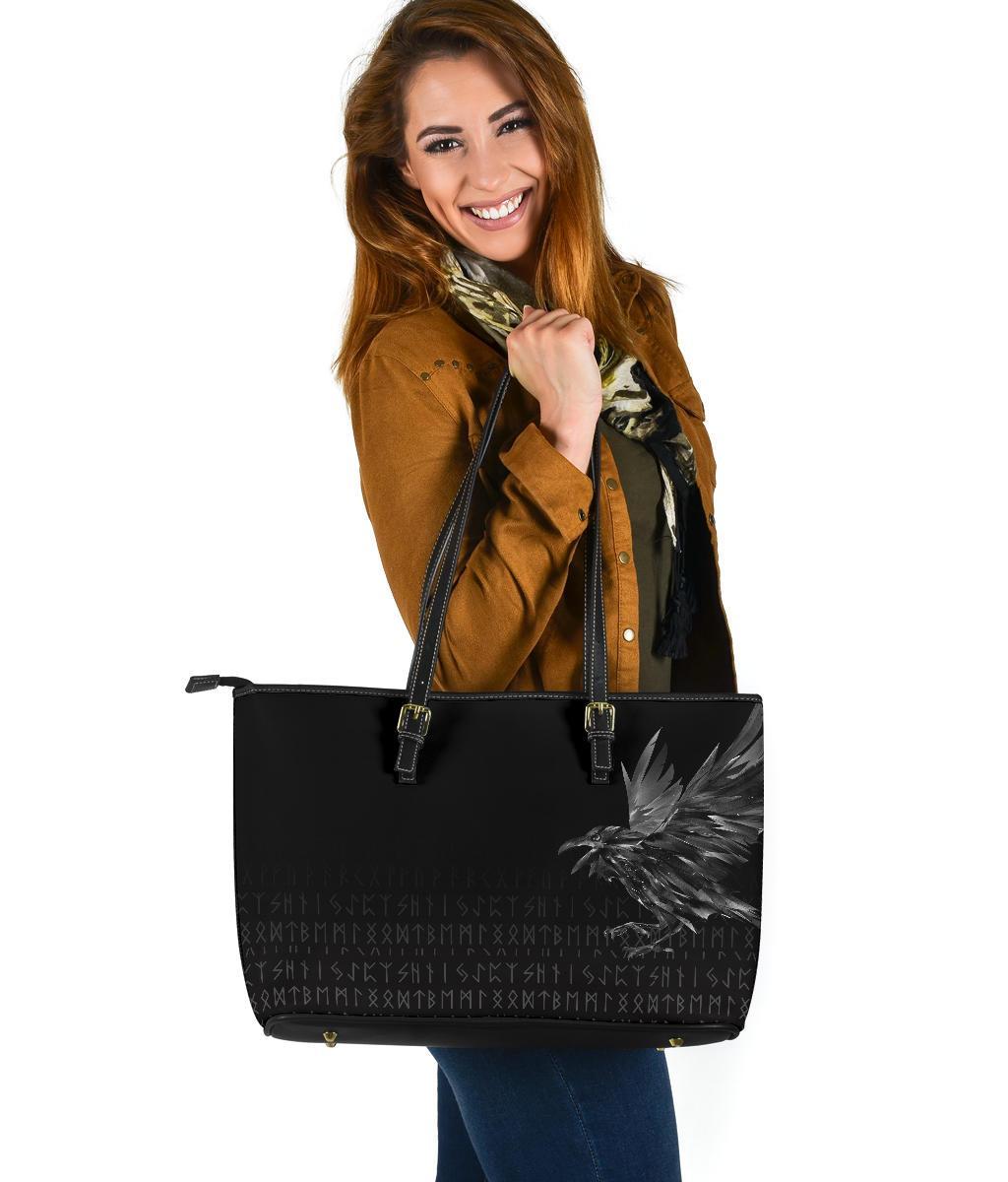 Viking Large Leather Tote Bag The Raven Of Odin Rune RLT12