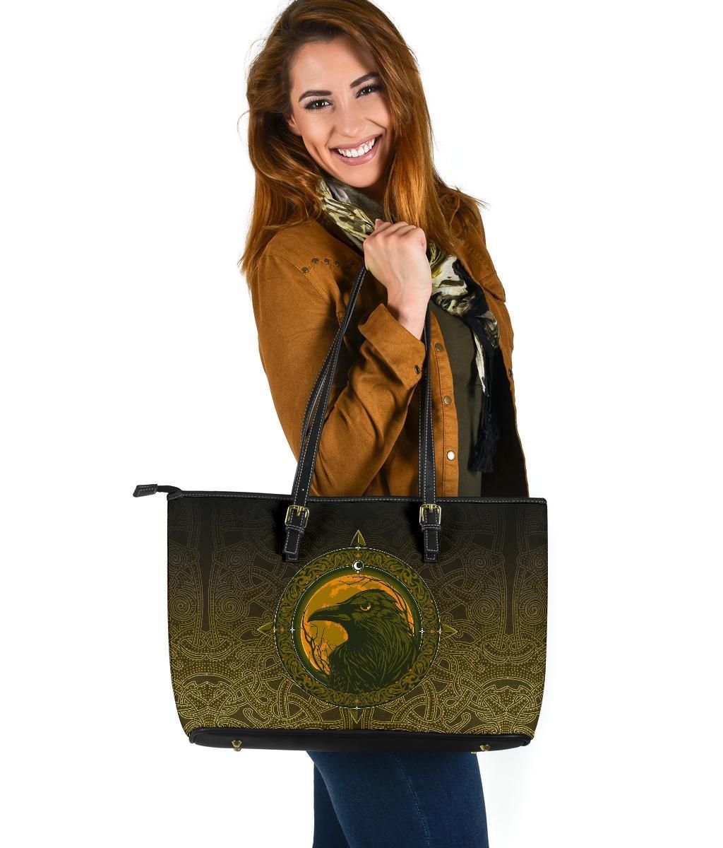 Viking Large Leather Tote Bag, Ethnic Odin Raven Gold RLT12