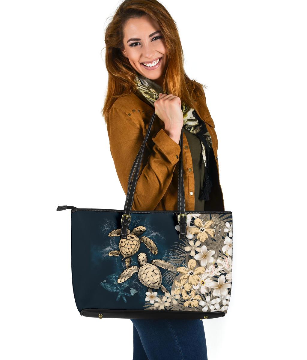 Kanaka Maoli (Hawaiian) Leather Tote - Sea Turtle Tropical Hibiscus and Plumeria Gold