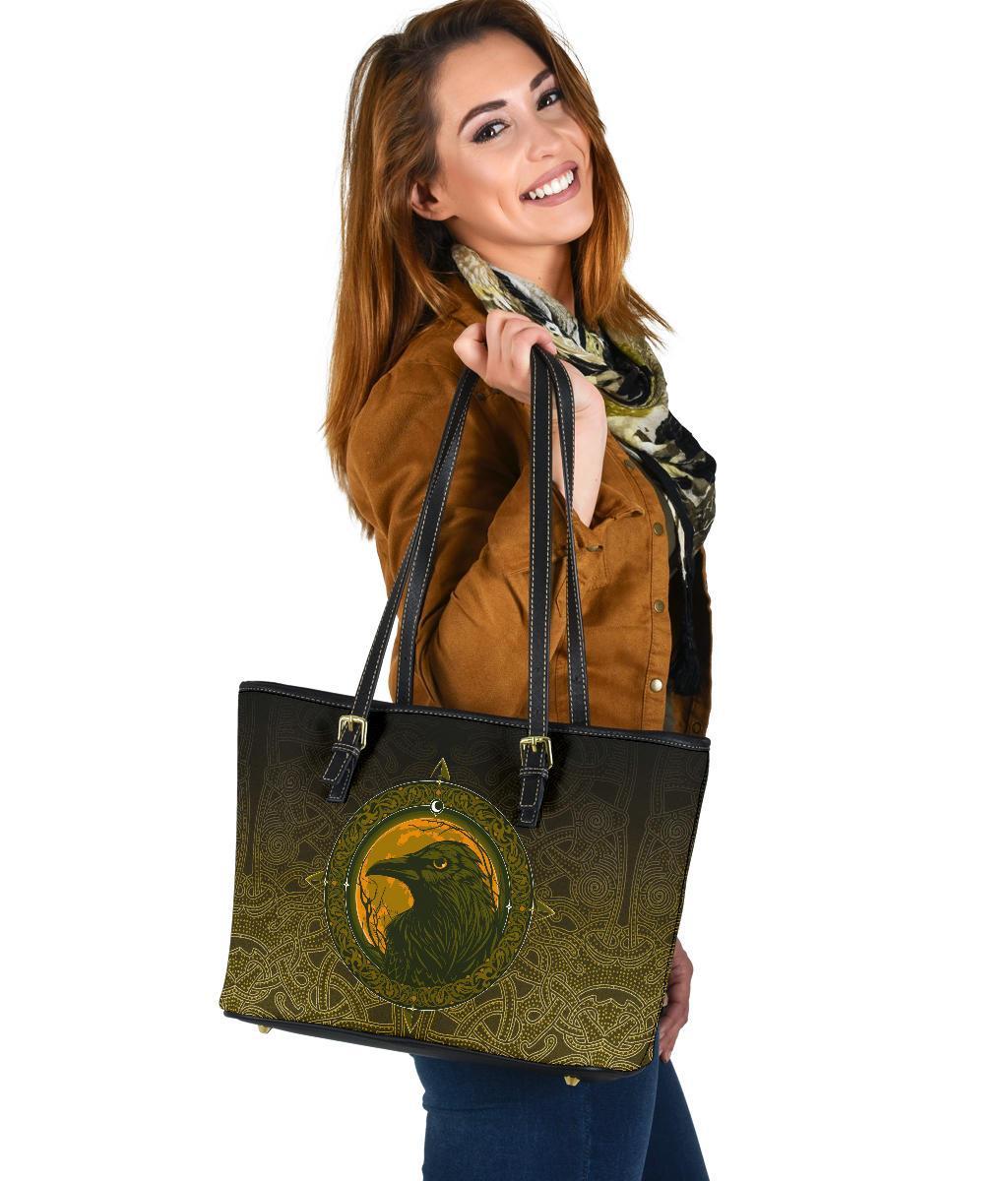 Viking Small Leather Tote Bag, Ethnic Odin Raven Gold RLT12