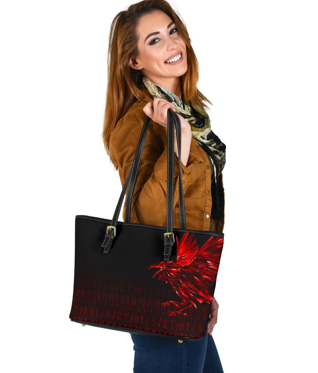 Viking Small Leather Tote Bag - The Raven Of Odin Rune, Red RLT12