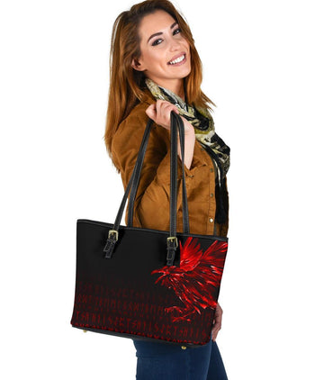 Viking Small Leather Tote Bag - The Raven Of Odin Rune, Red RLT12
