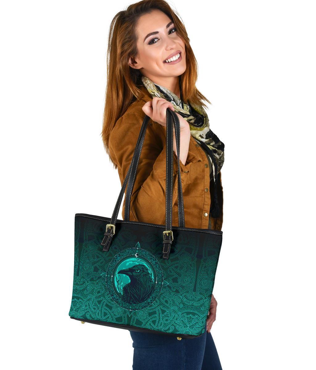 Viking Small Leather Tote Bag, Ethnic Odin Raven Cyan RLT12