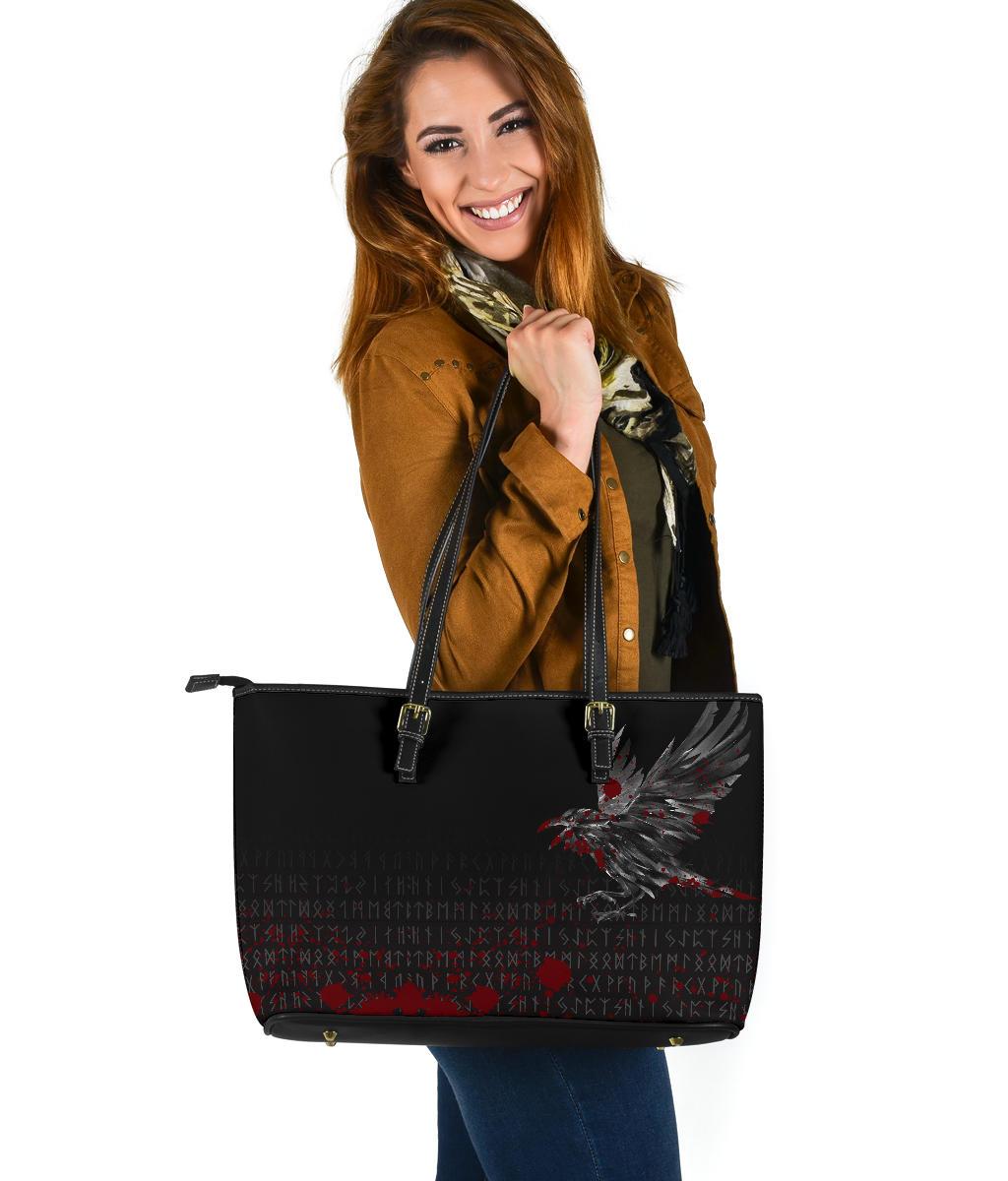 Viking Large Leather Tote Bag The Raven Of Odin Rune Blood RLT12