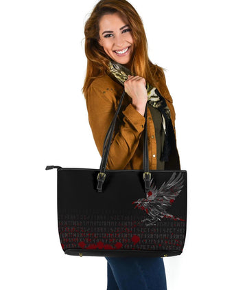 Viking Large Leather Tote Bag The Raven Of Odin Rune Blood RLT12