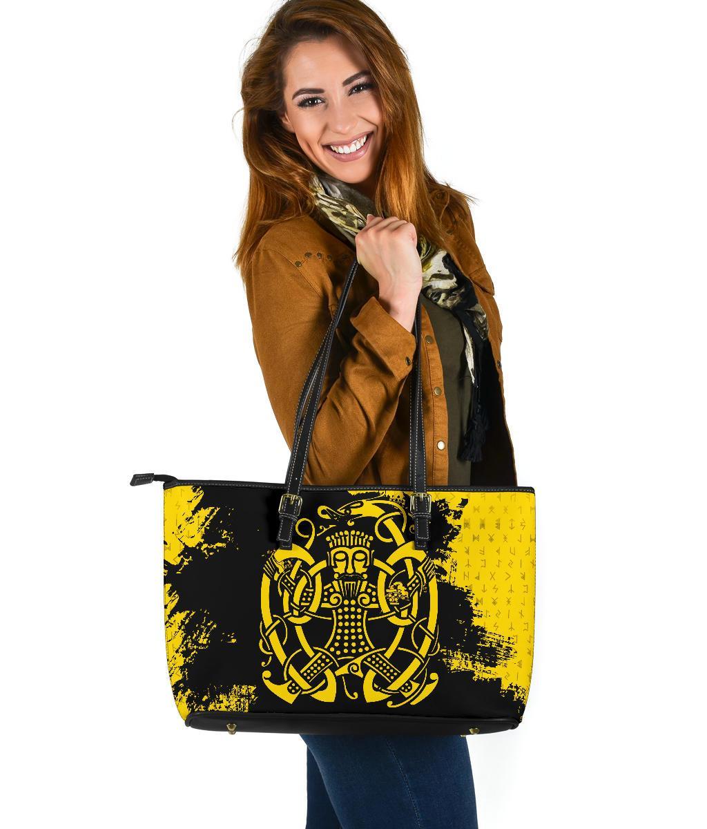 Viking Large Leather Tote Bag, Loki Bound Triskele Rune Gold RLT12
