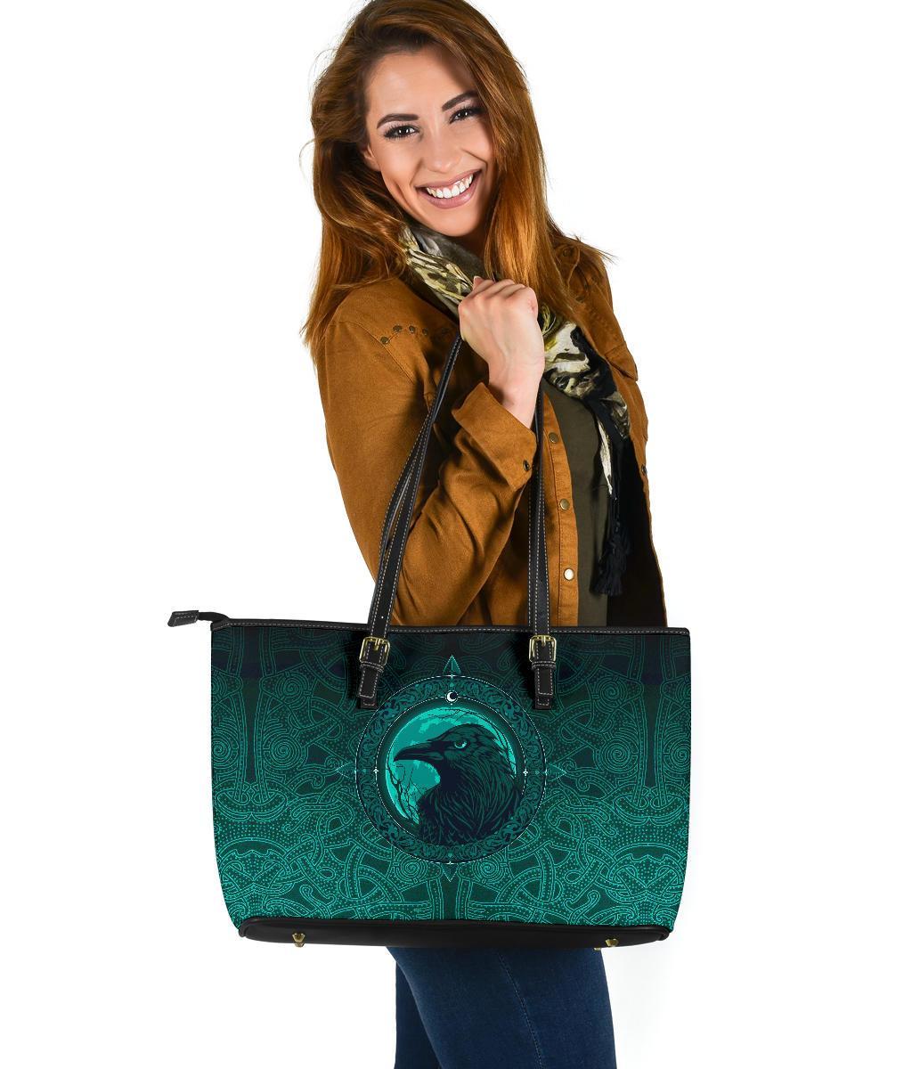 Viking Large Leather Tote Bag, Ethnic Odin Raven Cyan RLT12