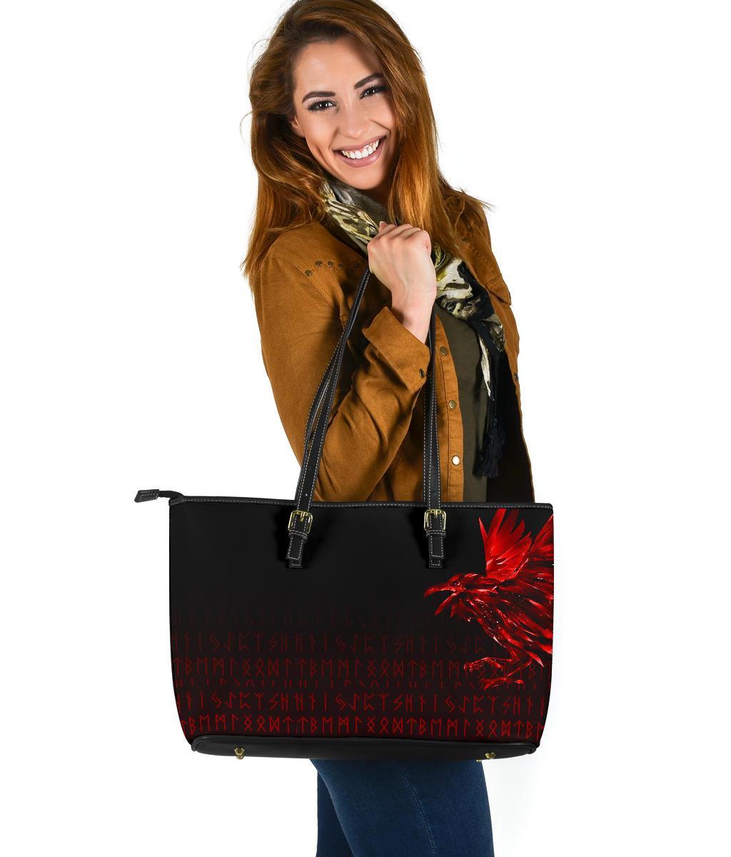 Viking Large Leather Tote Bag The Raven Of Odin Rune, Red RLT12