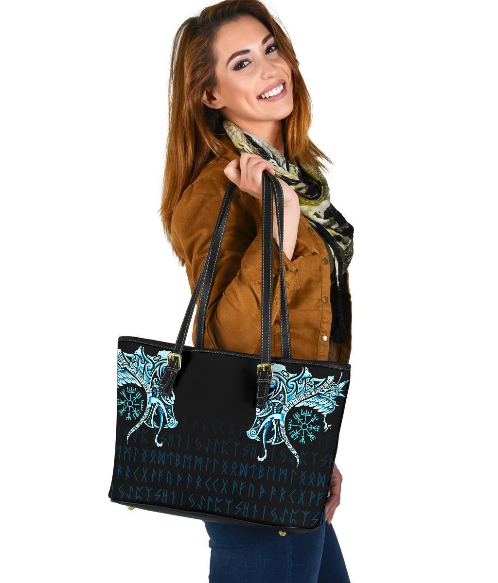 Viking Small Leather Tote, Fenrir Raven and Vegvisir Tattoo Cyan RLT12