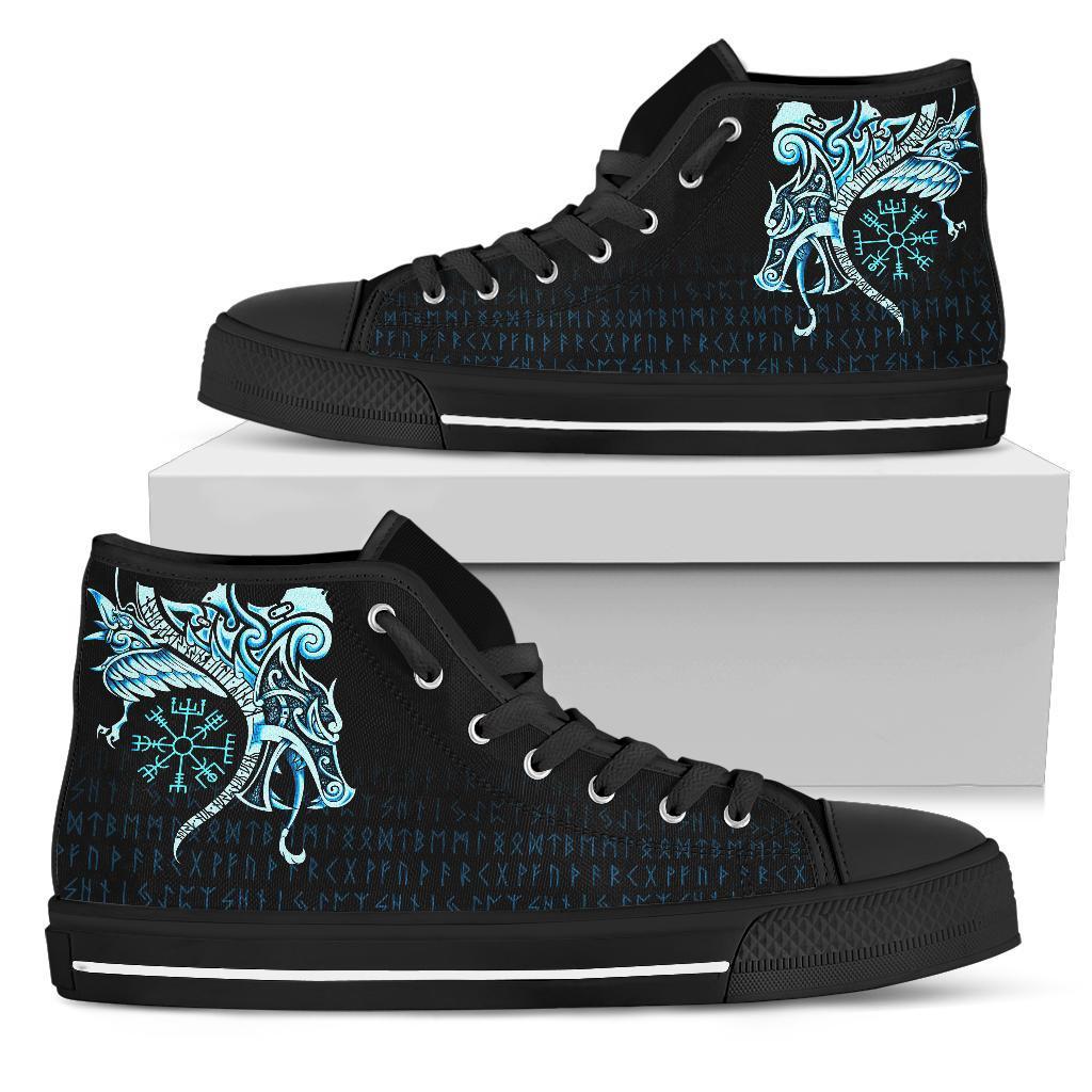 Viking High Top Shoes, Fenrir Raven and Vegvisir Tattoo Cyan RLT12