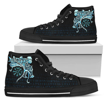 Viking High Top Shoes, Fenrir Raven and Vegvisir Tattoo Cyan RLT12