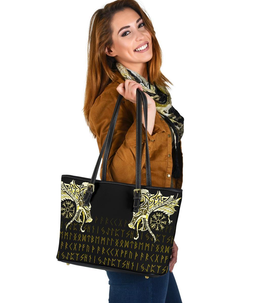 Viking Small Leather Tote, Fenrir Raven and Vegvisir Tattoo Yellow RLT12