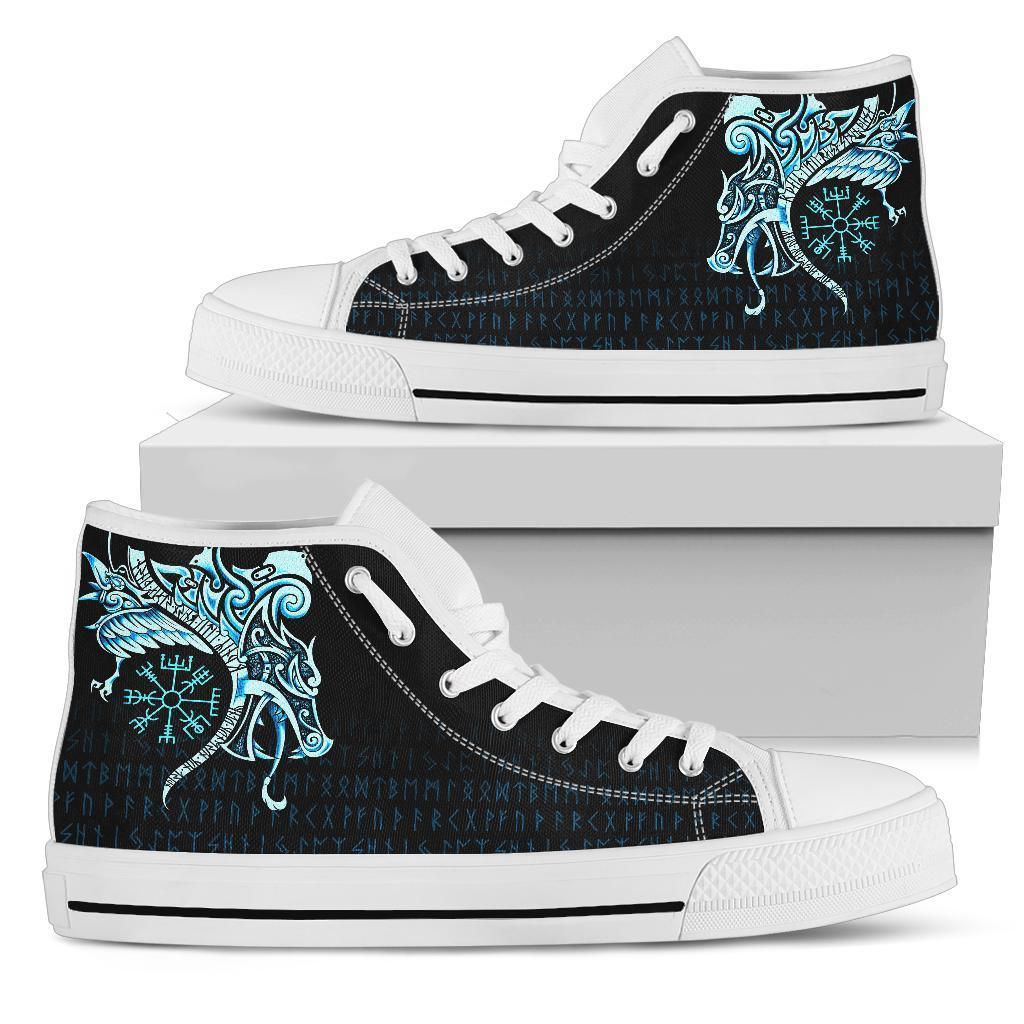 Viking High Top Shoes, Fenrir Raven and Vegvisir Tattoo Cyan RLT12