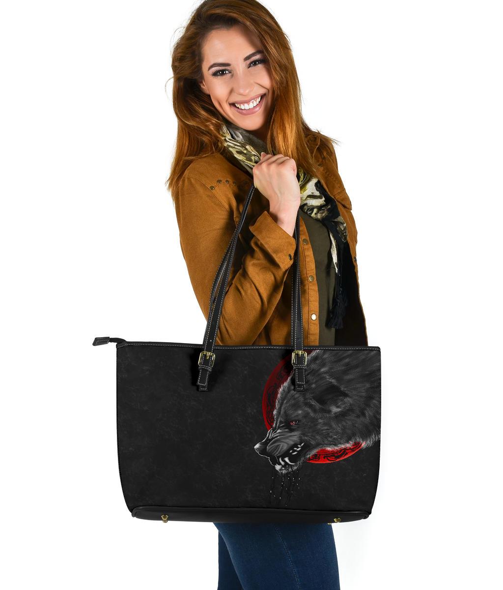 Viking Large Leather Tote Wolf and Blood Moon RLT12