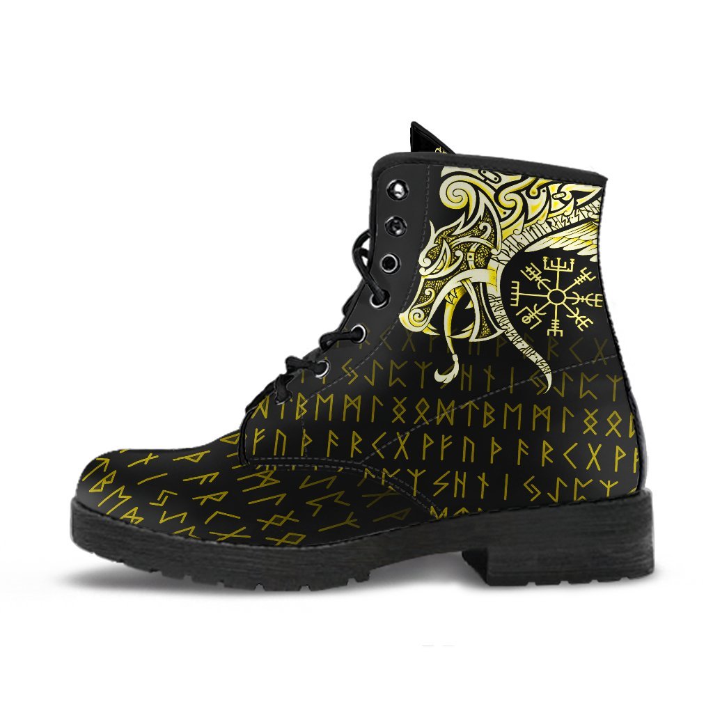 Viking Leather Boots, Fenrir Raven and Vegvisir Tattoo Yellow RLT12