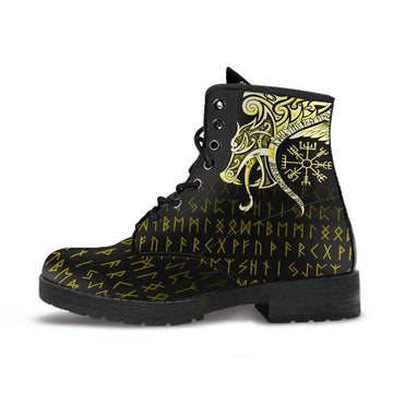 Viking Leather Boots, Fenrir Raven and Vegvisir Tattoo Yellow RLT12