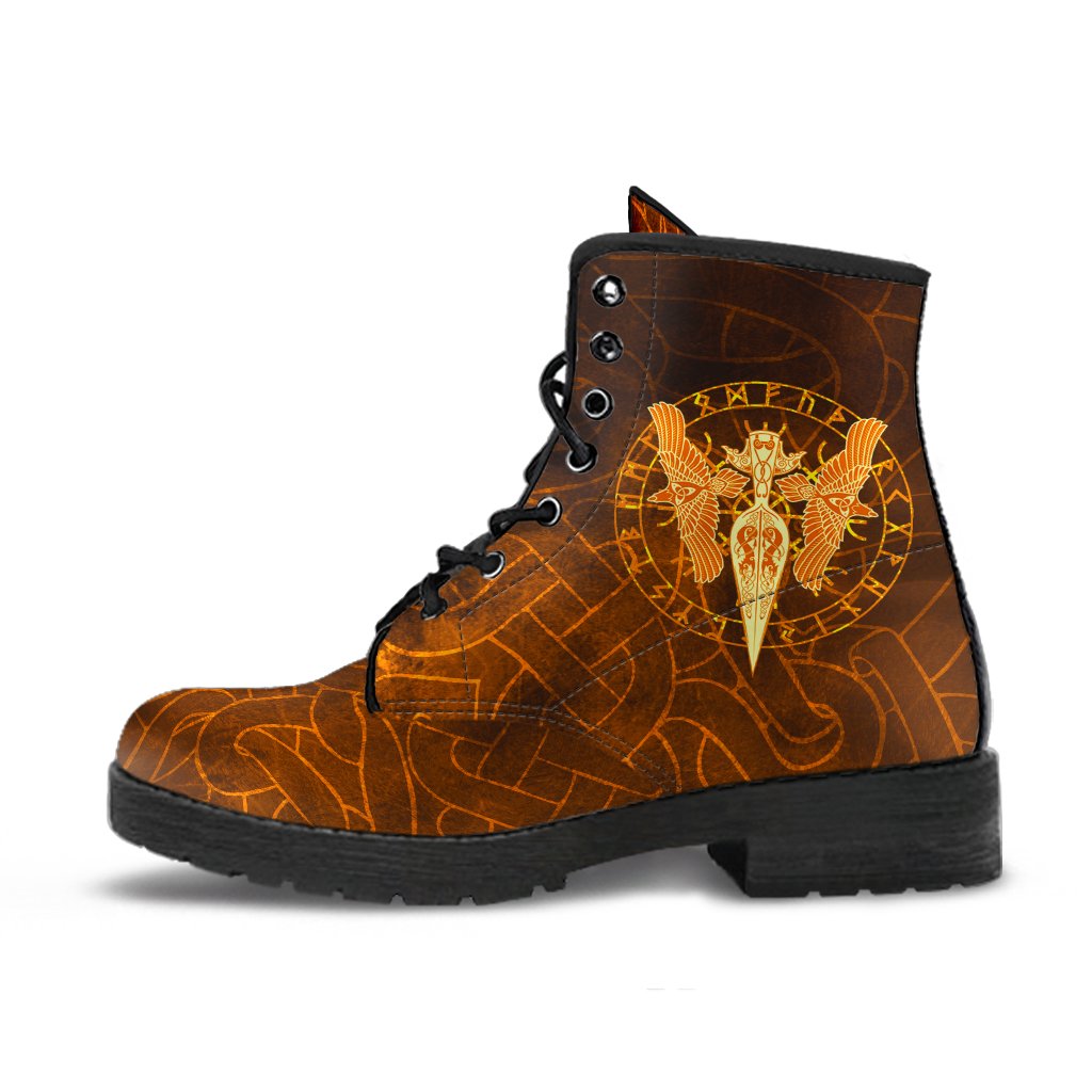 Viking Leather Boots Gold Spear Of The God Odin Gungnir and Two Gold Ravens RLT12