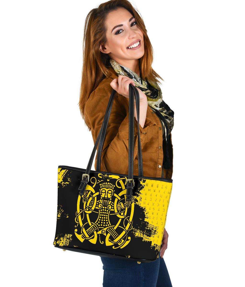 Viking Small Leather Tote Bag, Loki Bound Triskele Rune Gold RLT12