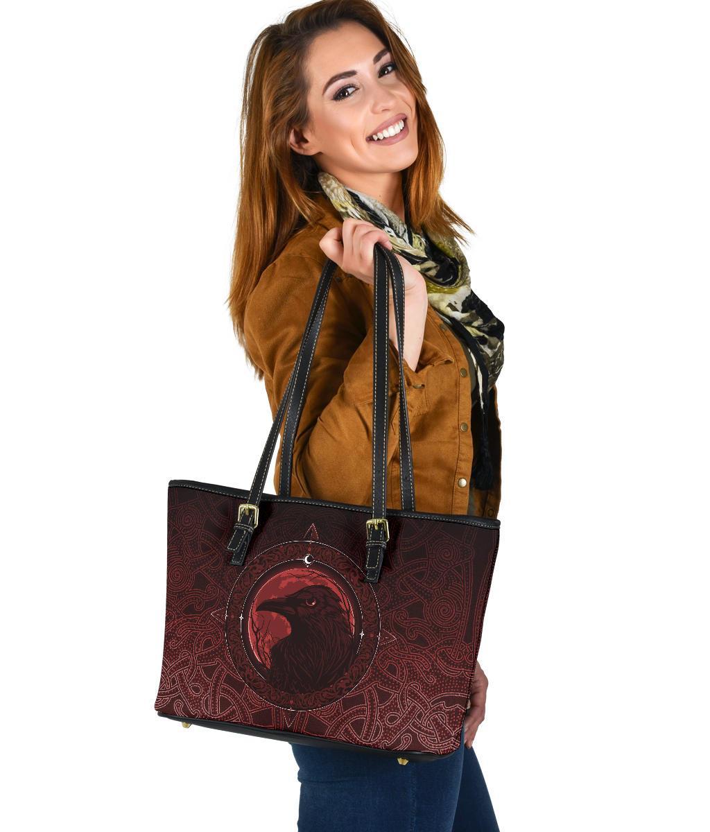 Viking Small Leather Tote Bag, Ethnic Odin Raven Red RLT12