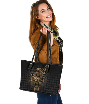 Viking Small Leather Tote - Odin's Celtic Raven Tattoo RLT12