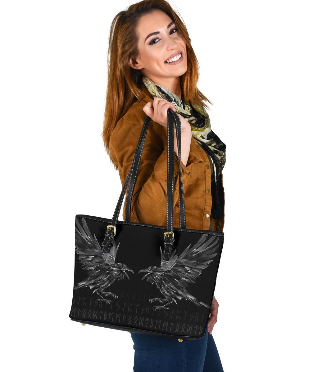 Viking Small Leather Tote Bag - Odin Huginn and Muninn Rune RLT12