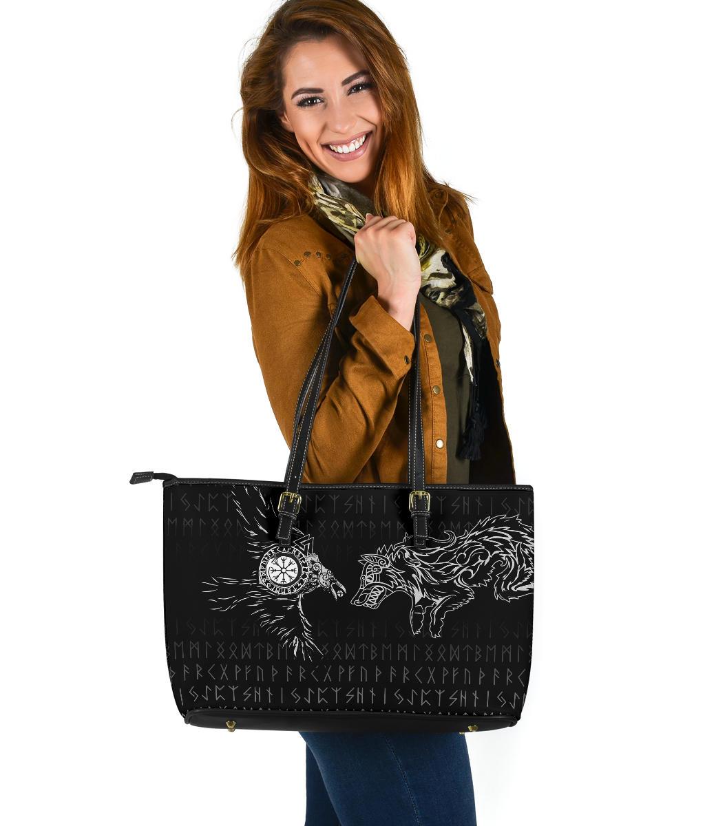 Viking Large Leather Tote Raven and Wolf Special Tattoo RLT12