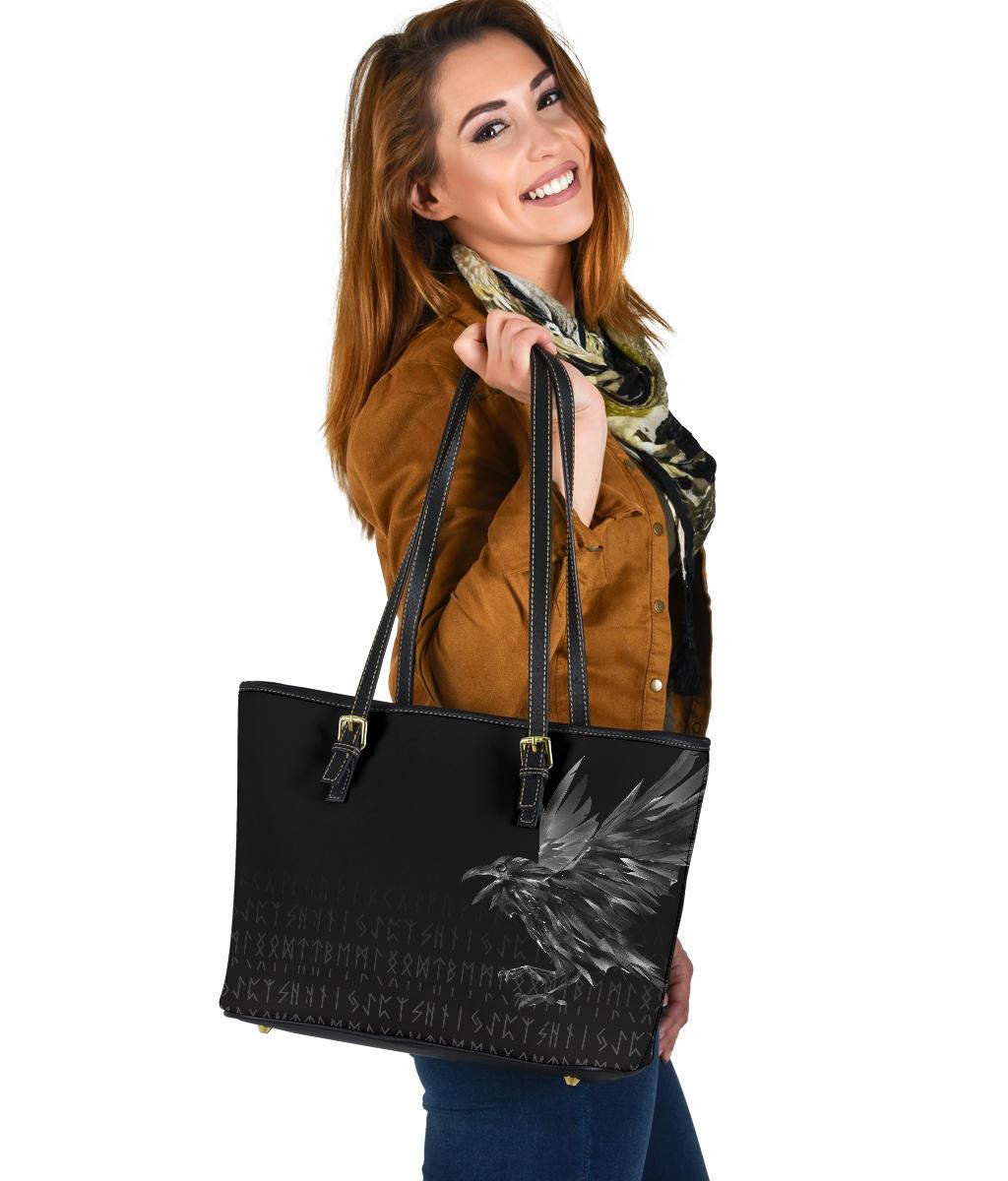 Viking Small Leather Tote Bag - The Raven Of Odin Rune RLT12