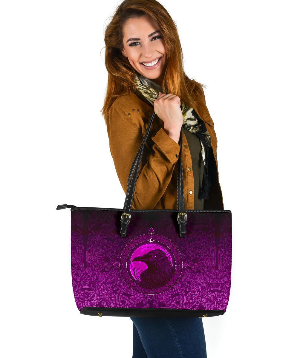 Viking Large Leather Tote Bag, Ethnic Odin Raven Pink RLT12