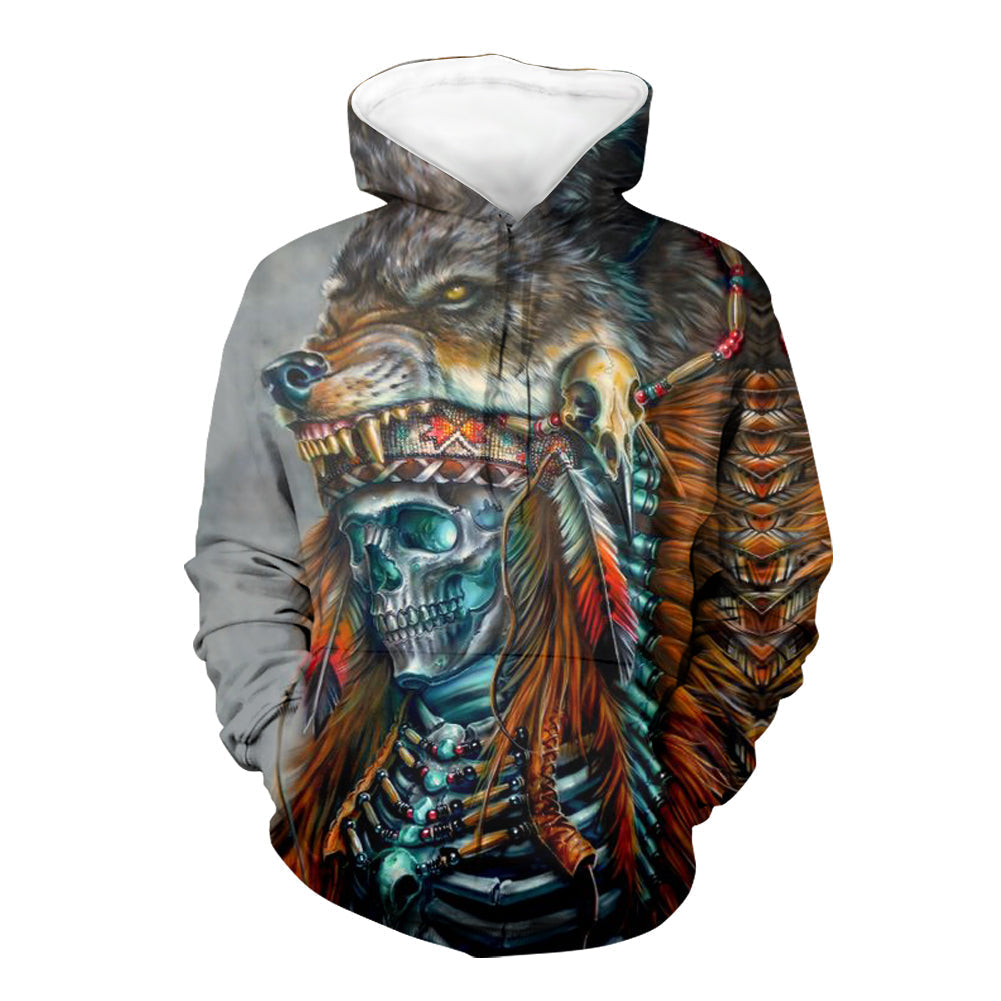 Native American Skull Chief With Wolf Headdress 3D Hoodie LT10